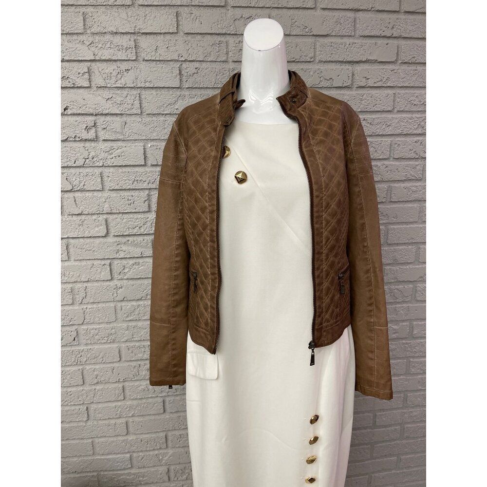 JouJou Women Tan Quilted Faux Leather Full Zip Front Jacket Size S